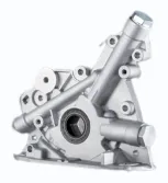 MONTTRON oil pump: a cast aluminium oil pump with its sprocket drive, its pressure relief valve housing and the mounting flange