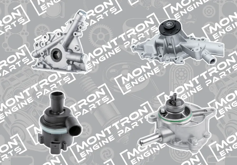 MONTTRON engine pumps: an oil pump, a mechanical water pump, an additional electric water pump and a camshaft-driven vacuum pump