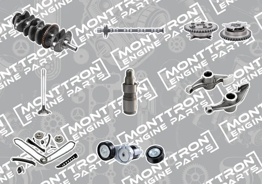 MONTTRON crankshaft, timing and valvetrain parts: a crankshaft, a camshaft, two VVT camshaft adjusters, an engine valve, a hydraulic tappet, two rocker arms, a timing chain kit with its rails and tensioner, and a belt tensioner with its pulleys