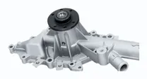 MONTTRON water pump: a cast aluminium water pump seen from the housing side, with the pulley hub, the mounting flange and the coolant outlet